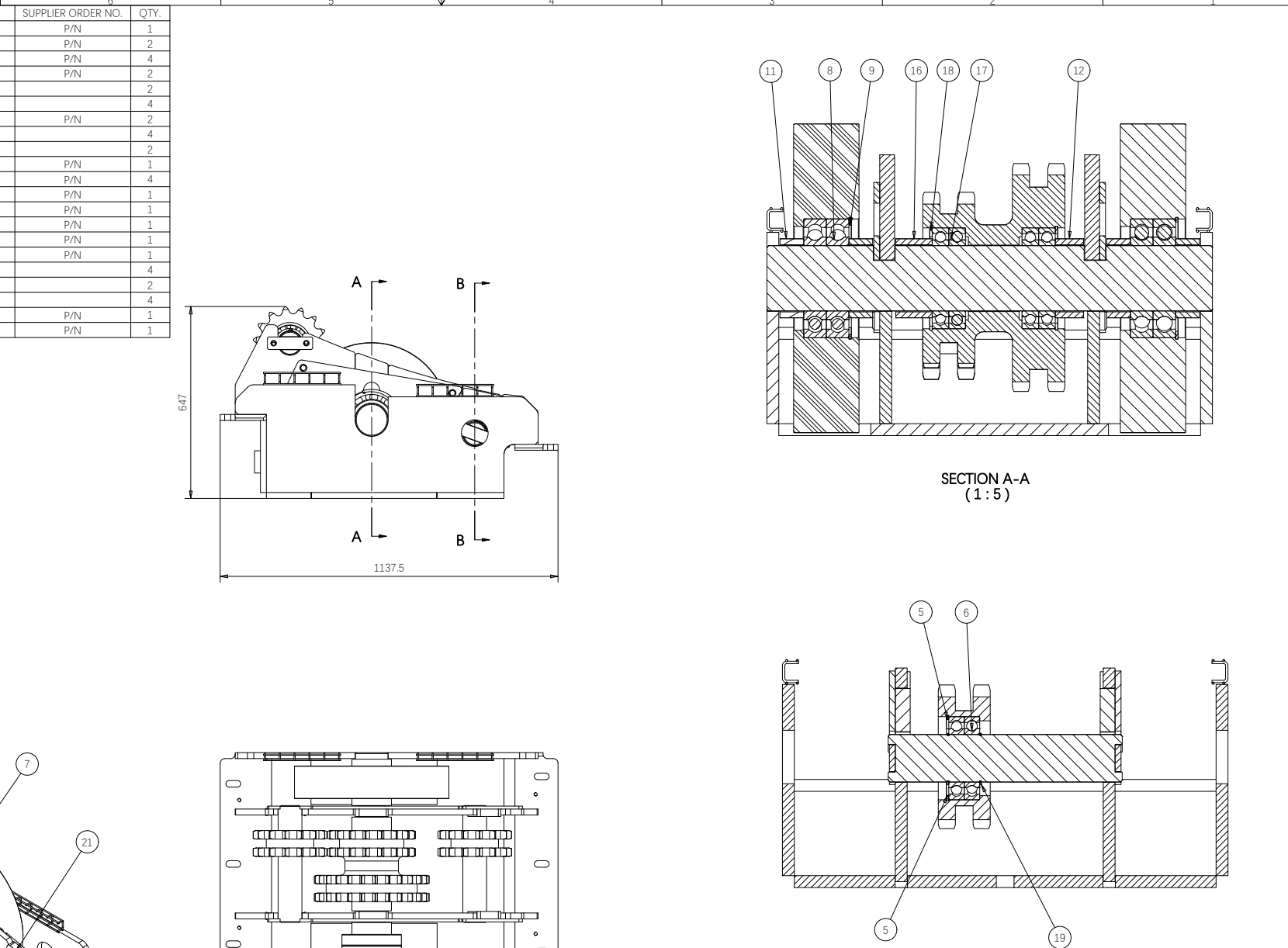 Drive-module assembly drawing showing functional components and sectional detail.