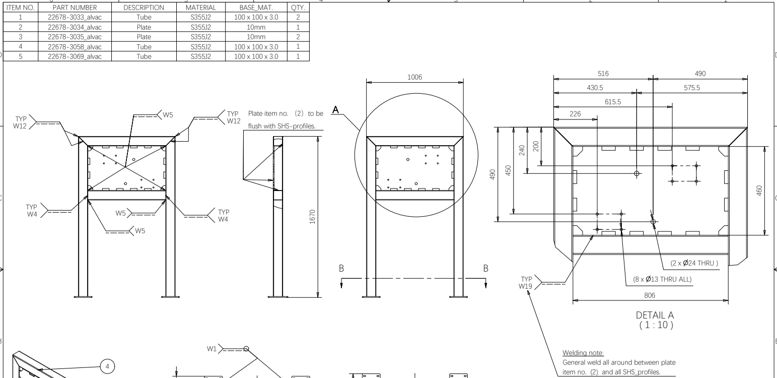 Welded structural subassembly documented with views, dimensions and fabrication notes.